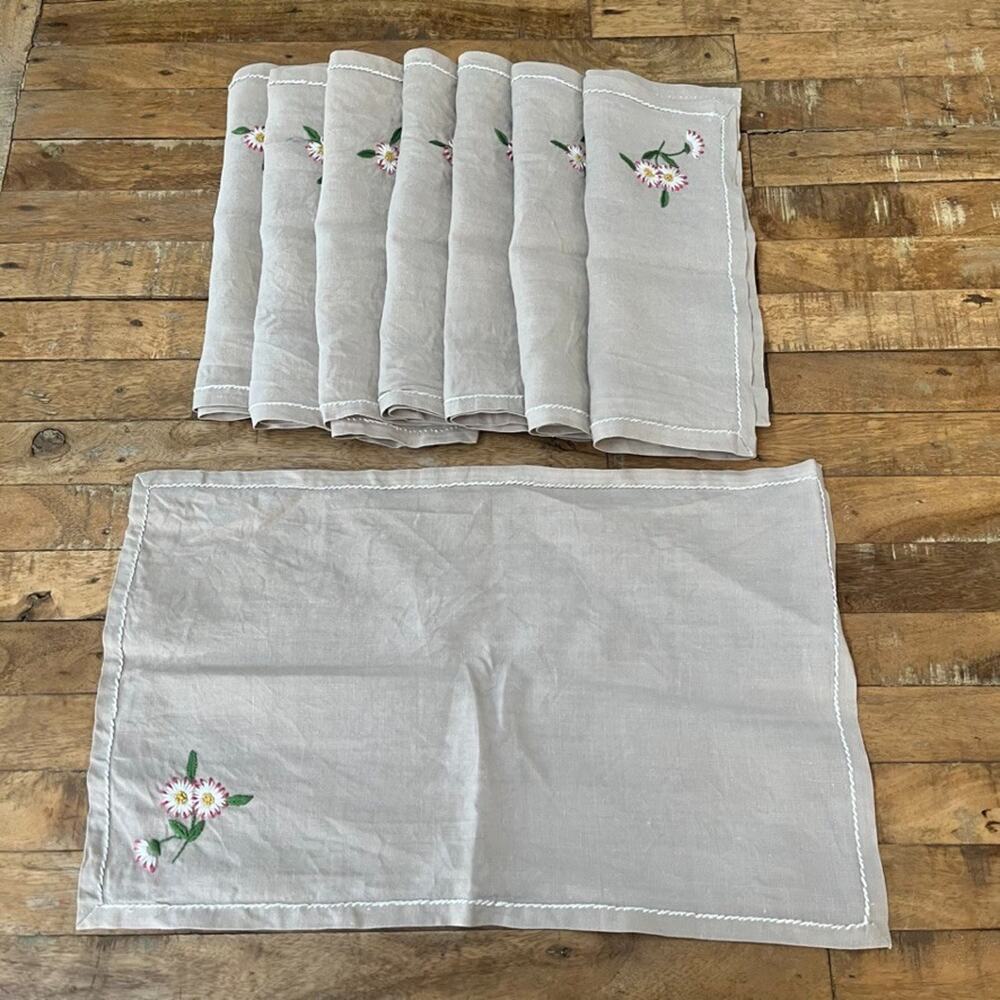 Hand Embroidered Floral Kitchen Napkins Set of 8 Brown Linen Rope Stitch Border
